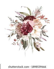Boho Burgundy Bouquets Clipart, Watercolor Blush And Burgundy Wedding Flowers, Wedding Invitation Arrangements, Valentines, Floral Posters