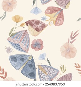 Boho Butterfly seamless pattern with flower and heart on the cream background. Hand drawn watercolor charming aesthetic illustration in soft pastel colors for baby decor and designs.