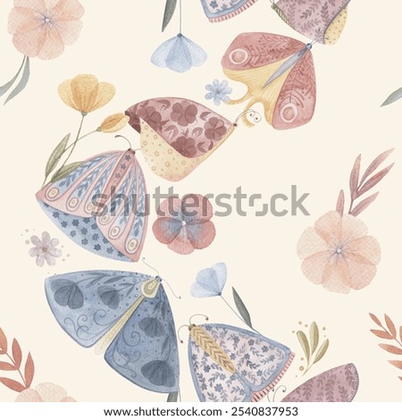 Boho Butterfly seamless pattern with flower and heart on the cream background. Hand drawn watercolor charming aesthetic illustration in soft pastel colors for baby decor and designs.