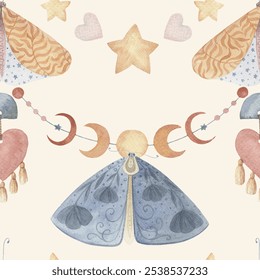 Boho Butterfly seamless pattern with moon phase and star on the cream background. Hand drawn watercolor charming celestial illustration in soft pastel colors for baby nursery decor designs.