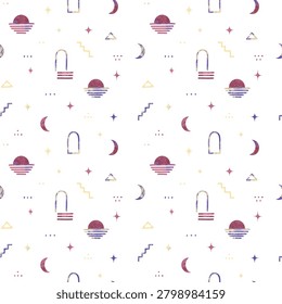 Boho Celestial Seamless Pattern with Moon and Sun in Purple and Gold Palette