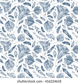 Boho Chic Indigo Pattern | Seamless watercolor creative texture with feathers and flowers for vintage wallpaper, textile, scrapbooking wedding design