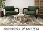 Boho chic living area with rattan coffee table and plush green armchairs on a geometric rug. 3D Illustration