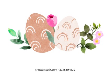 Boho Easter spring eggs with blossom, greeting cards with eggs and flowers in pastel and terracotta colors, floral illustrations
