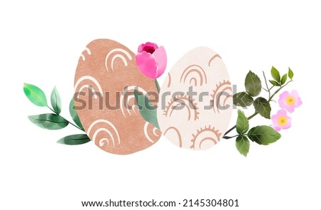 Boho Easter spring eggs with blossom, greeting cards with eggs and flowers in pastel and terracotta colors, floral illustrations