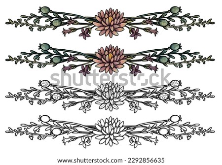 Boho flower frames. Hand-drawn colored and line art set. Floral illustrations. Vintage element. Wiccan and pagan art. Decorative nature. Isolated on white