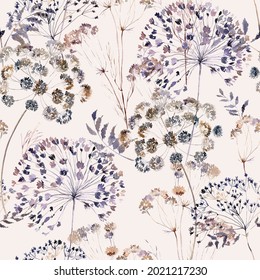 Boho flowers watercolor seamless paper for fabric, Dried Floral repeat pattern, Beige and purple floral rustic background