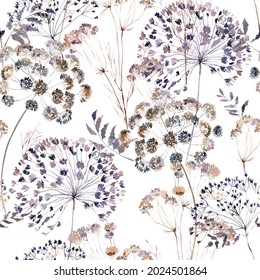 Boho Flowers Watercolor Seamless Paper For Fabric, Dried Floral Repeat Pattern, Beige And Purple Floral Rustic Background