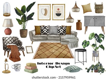 Boho Interior Design Elements Isolated On A White Background.Inspiration Mood Board With Home Decor Items.Decor Scene Creator.Interior Modern Furniture Icons,home Design Clipart,Planner Sticker