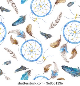 Boho Pattern With Feathers And Dreamcatcher | Watercolor Texture In Vintage Hippie Style Isolated On White Background