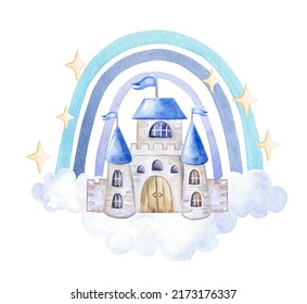 Boho Rainbow With Blue Clouds And Castle, Fortress, Tower Invitation. Nursery Art Illustration In Trendy Scandinavian Style. Watercolor Kids