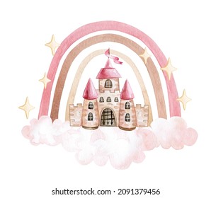 Boho rainbow with pink clouds and castle, fortress, tower Invitation. Nursery art illustration in trendy scandinavian style. Watercolor kids