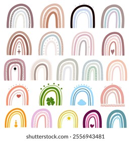 Boho rainbows collection featuring illustrations in soft earthy tones and vibrant colors. Each design includes unique details like hearts, stars, and dots - Powered by Shutterstock