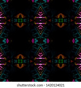 Boho repeat. Traditional seamless pattern. Modern colorful illustration. Vintage natural fashion. Trendy decor. Black, gold, purple, cyan, green boho repeat.