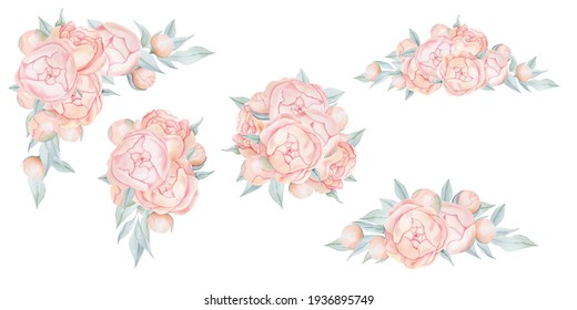 Boho Roses Bouquets Clipart, Watercolor Floral Borders Png, Wedding Clipart With Dusty Pink Roses For Invitations, Baby Shower, Mother's Day