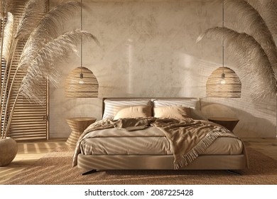 Boho scandinavian style in farmhouse interior. Beige bedroom with natural wooden furniture, shutters and dry plants. 3d rendering illustration.