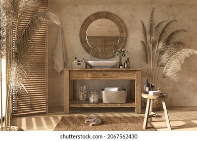Boho scandinavian style in home interior background. Beige bathroom with natural wooden furniture. 3d rendering. 3d illustration.
