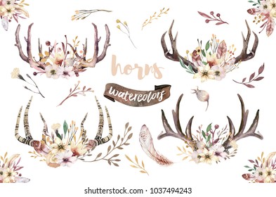 Boho Set of watercolor floral boho antler print. western bohemian decoration. Hand drawn vintage deer horns with flowers, leaves and herbs. Eco style hipster illustration on white.