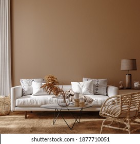 Boho style home interior, living room in brown warm color, 3d render