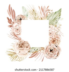 Boho Tropical Floral Frame, Watercolor Boho Roses And Palm Leaves, Floral Borders Png For Wedding Invitations, Feminine Logo, Baby Shower, Engagement, Mothers Day