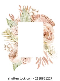 Boho Tropical Floral Frame, Watercolor Boho Roses And Palm Leaves, Floral Borders Png For Wedding Invitations, Feminine Logo, Baby Shower, Engagement, Mothers Day