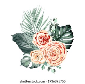 Boho Tropical Flowers Clipart, Watercolor Boho Roses Bouquets With Palm Leaves, Boho Floral Png For Wedding Invitations, Feminine Logo