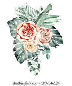 Boho Tropical Flowers Clipart, Watercolor Boho Roses Bouquets With Palm Leaves, Boho Floral Png For Wedding Invitations, Feminine Logo