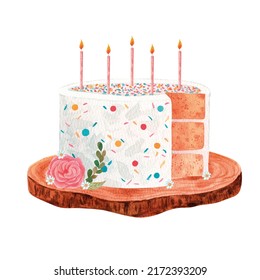 Boho Watercolor Birthday Cake Clipart, Dessert Clipart, Sweet Bakery Clipart, Logo Cake Design, Pastel Pink Cake With Flowers