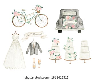 Boho Wedding Watercolor Illustrations With Flowers, Dress, Gown And Suit 