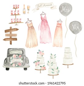 Boho Wedding watercolor illustrations with flowers, dress, gown  suit and vintage just married car - Powered by Shutterstock