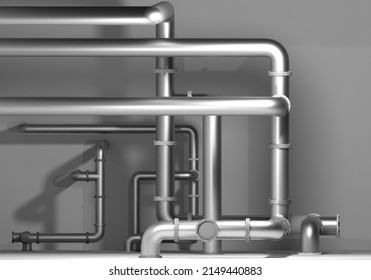 Boiler room background. Steel pipes are intertwined. Gray boiler room background render. Pipeline in front of wall. Water pipes in boiler room. Water supply engineering communications. 3d image.