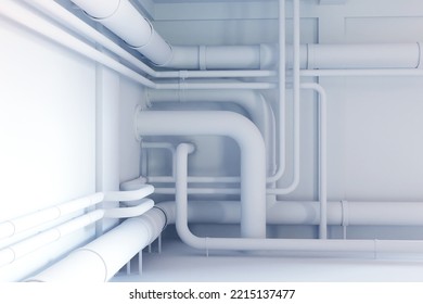 Boiler Room. Interior With Pipes. White Walls With Pipeline. Piping In Boiler Room Or In Basement. Pipes For Building Heating. Basement Interior Renderings. Boiler Room Service Concept. 3d Image.