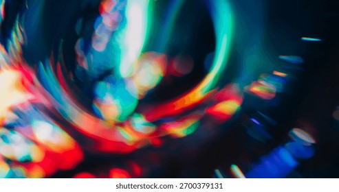 Bokeh crystal glow. Gradient reflection. Fluorescent abstract colorful circle on dark background. Blur holographic neon gleam optic effect.