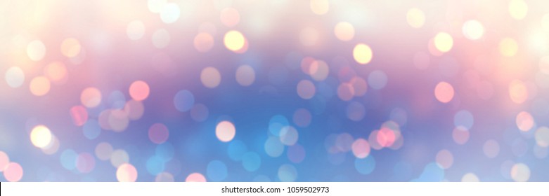 Bokeh pattern romantic banner. Blurred texture iridescent glitter. Empty background winter holiday. Defocus pattern blue pink yellow gradient. Abstract template fantasy garland lights.