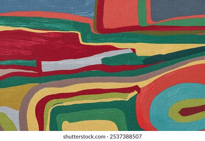 Bold abstract artwork featuring layered, flowing bands of vibrant colors, including red, green, yellow, and blue. The textured lines and shapes create a sense of movement and depth