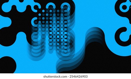 A bold abstract composition featuring black and blue shapes with circular and wavy patterns, creating a modern, dynamic, and visually striking geometric design. - Powered by Shutterstock