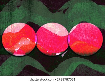 A bold abstract composition featuring three vibrant watercolor-textured circles in shades of pink, coral, and magenta set against a rich emerald green backdrop. The layered organic textures, artistic brush patterns, and striking color contrast create a contemporary and expressive artwork ideal for modern wall decor, creative branding, and digital design projects.