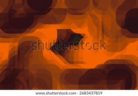 Bold abstract composition with overlapping circular and square shapes in warm brown and vibrant orange tones