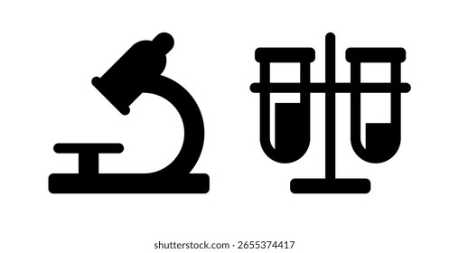 Bold Black Icon: Microscope and Test Tubes, Science Lab, Research Concept