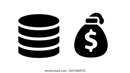 Bold Black Icon: Stack of Coins and Money Bag, Financial Success Concept