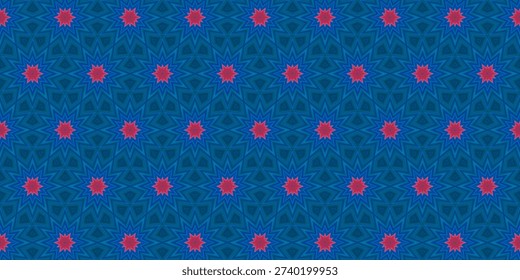 Bold blue and red geometric background with striking 12-point star patterns, abstract repeating symmetrical design.