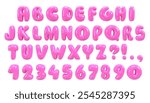 Bold bubble font. Pink plastic typescript. Y2K alphabet. Groovy letters and numbers. Three-dimensional round typeface isolated on white background