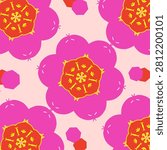 A bold, close-up pattern of large fuchsia five-petaled flowers with a bright orange and yellow central core. The flowers overlap on a soft pink background dotted with floating magenta and red octagonal shapes