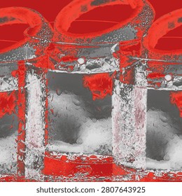 Bold crimson structures command attention