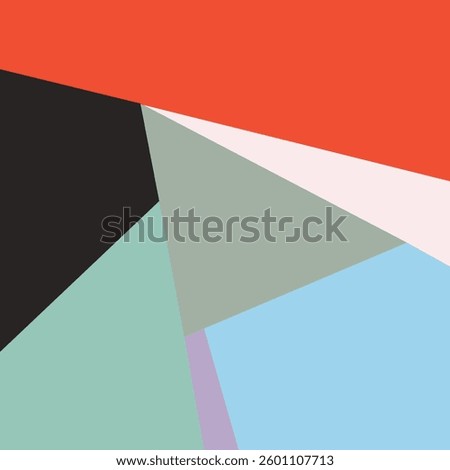 A bold and dynamic geometric composition featuring an interplay of sharp triangular forms in contrasting tones. The combination of warm reds, soft neutrals, and cool blues creates a striking visual.
