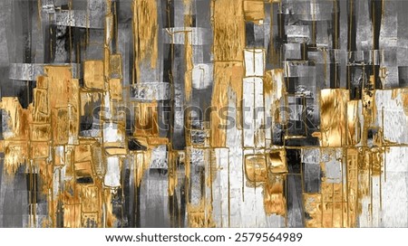 Bold and expressive, abstract artwork blends deep contrasts with rich textures and shimmering gold. Dynamic composition evokes movement, depth, and a striking sense of urban sophistication