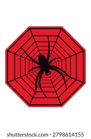 A bold geometric spider web design featuring a black spider silhouette at the center of a red hexagonal web. The artwork has a modern, symmetrical, and striking appearance, making it suitable for logos, tattoos, gaming emblems, Halloween graphics, branding, stickers, and vector illustrations. The contrast between the red web and black spider creates a strong visual impact.