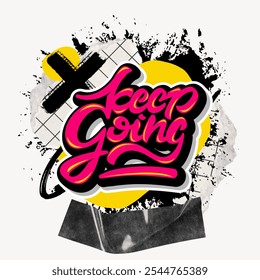 Bold graffiti-style text 'Keep Going' in vibrant pink and yellow. Dynamic, motivational design with abstract splashes and patterns. Energetic and inspiring. - Powered by Shutterstock - Get 15% off with code: PIKWIZARD15