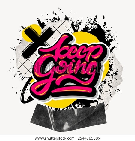 Bold graffiti-style text 'Keep Going' in vibrant pink and yellow. Dynamic, motivational design with abstract splashes and patterns. Energetic and inspiring.