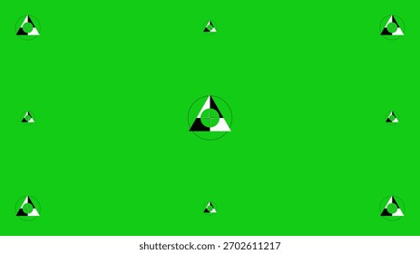 A bold green screen background features a repeating geometric logo motif with triangles, circles, and a plus symbol. Clean, modern, and versatile for branding, advertising, and digital design projects